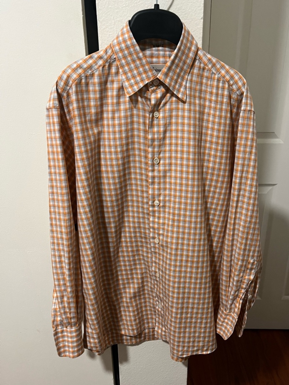 Brioni Orange and White Checked Button-Down Shirt